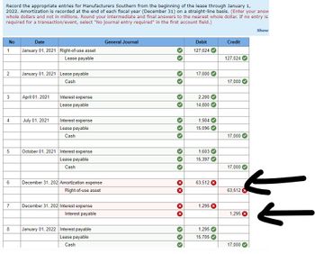 Record the appropriate entries for Manufacturers Southern from the beginning of the lease through January 1,
2022. Amortization is recorded at the end of each fiscal year (December 31) on a straight-line basis. (Enter your answ
whole dollars and not in millions. Round your intermediate and final answers to the nearest whole dollar. If no entry is
required for a transaction/event, select "No journal entry required" in the first account field.)
No
1
2
3
4
6
7
8
Date
January 01, 2021 Right-of-use asset
Lease payable
January 01, 2021 Lease payable
Cash
April 01, 2021
July 01, 2021
Interest expense
Lease payable
Interest expense
Lease payable
Cash
October 01, 2021 Interest expense
Lease payable
Cash
December 31, 202 Amortization expense
Right-of-use asset
December 31, 202 Interest expense
Interest payable
January 01, 2022 Interest payable
Lease payable
Cash
General Journal
X
Debit
127,024
17,000
2,200
14,800
1,904
15,096
1,603
15,397
63,512
1,295 X
1,295
15,705
Credit
127,024
17,000
17,000
17,000
63,512
1,295
17,000
Show