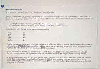 Required information
[The following information applies to the questions displayed below.]
Iguana, Incorporated, manufactures bamboo picture frames that sell for $25 each. Each frame requires 4 linear feet of
bamboo, which costs $2.00 per foot. Each frame takes approximately 30 minutes to build, and the labor rate averages $11
per hour. Iguana has the following inventory policies:
• Ending finished goods inventory should be 40 percent of next month's sales.
• Ending direct materials inventory should be 30 percent of next month's production.
Expected unit sales (frames) for the upcoming months follow:
March
April
May
June
July
August
290
280
330
430
405
455
Variable manufacturing overhead is incurred at a rate of $0.60 per unit produced. Annual fixed manufacturing overhead is
estimated to be $7,200 ($600 per month) for expected production of 3,000 units for the year. Selling and administrative
expenses are estimated at $700 per month plus $0.50 per unit sold.
Iguana, Incorporated, had $11,100 cash on hand on April 1. Of its sales, 80 percent is in cash. Of the credit sales, 50
percent is collected during the month of the sale, and 50 percent is collected during the month following the sale.
Of direct materials purchases, 80 percent is paid for during the month purchased and 20 percent is paid in the following
month. Direct materials purchases for March 1 totaled $2,000. All other operating costs are paid during the month
incurred. Monthly fixed manufacturing overhead includes $180 in depreciation. During April, Iguana plans to pay $3,300
for a piece of equipment.