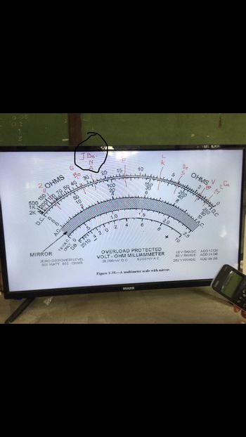 0.05
0.2
1
2
OHMS
150
24°0
D.C.TTTT
0
MIRROR
70.50 40
200!!!
G
AC L
50
10
78VA.C.
тво
N
A
ONLY
fp
NLY 0
30
3
21
ZERO DB
POWER LEVEL
001 WATT 600 CHMS
20
15
لمندل
100
20
.5
DB.TTTTT
2010 4 2 0 2
1.0
4
10
MASS
150
30
1.5
6
k
+
8
2.0
OVERLOAD PROTECTED
VOLT-OHM MILLIAMMETER
6000 WAC
20,000W DC
+
Figure 1-39-A multimeter scale with mirror.
5
De
200
40
8
10
111 5.PH
2.5
OHMS
2
V
-344
J...?
10
ULLA.C.
250
50
D.C
10 V RANGE: ADD 10 CB
50 V RANGE
ADD 24 DE
250 V RANGE:
ADD 48 DB