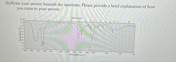 (b)Write your answer beneath the spectrum. Please provide a brief explanation of how
you came to your answer.
90
80
888
100
Transmittance (%)
60
50
40
30
20
10
Micrometers
10
12 13 14 15
4000
3600
3200
2800
2400
2000
1800
1600
1400
1200
1000
800
600
Wavenumber (cm-1)