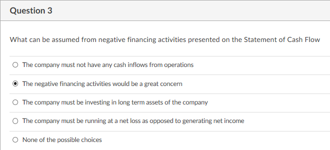 Question 3
What can be assumed from negative financing activities presented on the Statement of Cash Flow
O The company must not have any cash inflows from operations
The negative financing activities would be a great concern
O The company must be investing in long term assets of the company
O The company must be running at a net loss as opposed to generating net income
O None of the possible choices

