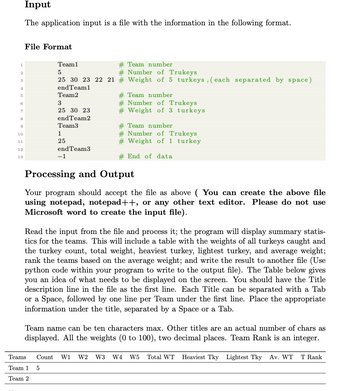 1
2
3
5
6
7
8
9
10
11
12
13
Input
The application input is a file with the information in the following format.
File Format
Team1
# Team number
5
# Number of Trukeys
25 30 23 22 21 # Weight of 5 turkeys, (each separated by space)
end Team1
Team2
3
25 30 23
end Team2
Team3
1
25
end Team3
−1
# Team number
# Number of Trukeys
# Weight of 3 turkeys
# Team number
# Number of Trukeys
# Weight of 1 turkey
#End of data
Processing and Output
Your program should accept the file as above ( You can create the above file
using notepad, notepad++, or any other text editor. Please do not use
Microsoft word to create the input file).
Read the input from the file and process it; the program will display summary statis-
tics for the teams. This will include a table with the weights of all turkeys caught and
the turkey count, total weight, heaviest turkey, lightest turkey, and average weight;
rank the teams based on the average weight; and write the result to another file (Use
python code within your program to write to the output file). The Table below gives
you an idea of what needs to be displayed on the screen. You should have the Title
description line in the file as the first line. Each Title can be separated with a Tab
or a Space, followed by one line per Team under the first line. Place the appropriate
information under the title, separated by a Space or a Tab.
Team name can be ten characters max. Other titles are an actual number of chars as
displayed. All the weights (0 to 100), two decimal places. Team Rank is an integer.
Teams Count W1 W2 W3 W4 W5 Total WT Heaviest Tky Lightest Tky Av. WT T Rank
Team 1 5
Team 2