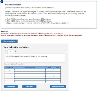 **Required Information**

*[The following information applies to the questions displayed below.]*

Tarrant Corporation was organized this year to operate a financial consulting business. The charter authorized the following stock: common stock, $11 par value, 11,900 shares authorized. During the year, the following selected transactions were completed:

a. Sold 7,000 shares of common stock for cash at $22 per share.
b. Sold 2,200 shares of common stock for cash at $27 per share.
c. At year-end, the company reported net income of $6,100. No dividends were declared.

**Required:**

1. Prepare the journal entries required to record the sale of common stock in (a) and (b).

*Note: If no entry is required for a transaction/event, select “No journal entry required” in the first account field.*

---

**Journal Entry Worksheet**

1. Sold 7,000 shares of common stock for cash at $22 per share.

*Note: Enter debits before credits.*

| Transaction | General Journal       | Debit | Credit |
|-------------|-----------------------|-------|--------|
| a.          |                       |       |        |

*Buttons:*
- Record entry
- Clear entry
- View general journal

---

There is no graph or diagram to explain within this content.