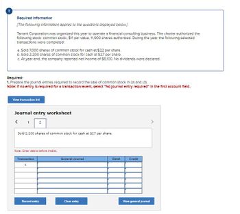 **Required Information**

*[The following information applies to the questions displayed below.]*

Tarrant Corporation was organized this year to operate a financial consulting business. The charter authorized the following stock: common stock, $11 par value, 11,900 shares authorized. During the year, the following selected transactions were completed:

a. Sold 7,000 shares of common stock for cash at $22 per share.
b. Sold 2,200 shares of common stock for cash at $27 per share.
c. At year-end, the company reported net income of $6,100. No dividends were declared.

**Required:**

1. Prepare the journal entries required to record the sale of common stock in (a) and (b).
   *Note: If no entry is required for a transaction/event, select "No journal entry required" in the first account field.*

View transaction list

---

**Journal Entry Worksheet**

Sheet 2:

Transaction: Sold 2,200 shares of common stock for cash at $27 per share.

*Note: Enter debits before credits.*

| Transaction | General Journal | Debit | Credit |
|-------------|-----------------|-------|--------|
| b.          |                 |       |        |

Options:
- Record entry
- Clear entry
- View general journal