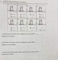 B3-QRT63: PERSON IN AN ELEVATOR-SCALE READING
11.
A person who weighs 500 N is standing on a scale in an elevator. The elevator is identical in all cases. The velocity
and acceleration of the elevators at the instant shown are given.
A
C
D
v = 3 m/s
v = 2 m/s
v= 3 m/s
v = 1 m/s
%3D
a = 2 m/s?
a=2 m/s?
a = 0
a=2 m/s2
H.
v= 3 m/s
v = 3 m/s
v = 3 m/s
v = 0
a=2 m/s2
a = 0
a=9.8 m/s?
a=2 m/s2
(a) List the cases where the scale reading is greater than 500 N.
Explain your reasoning.
(b) List the cases where the scale reading is less than 500 N.
Explain your reasoning.
(c) List the cases when the scale reading is equal to the scale reading of 500 N.
Explain your reasoning.
