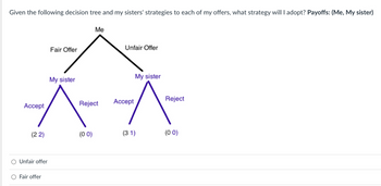 Given the following decision tree and my sisters' strategies to each of my offers, what strategy will I adopt? Payoffs: (Me, My sister)
Accept
(22)
O Unfair offer
O Fair offer
Fair Offer
My sister
Me
Reject
(00)
Unfair Offer
Accept
My sister
(31)
Reject
(0:0)