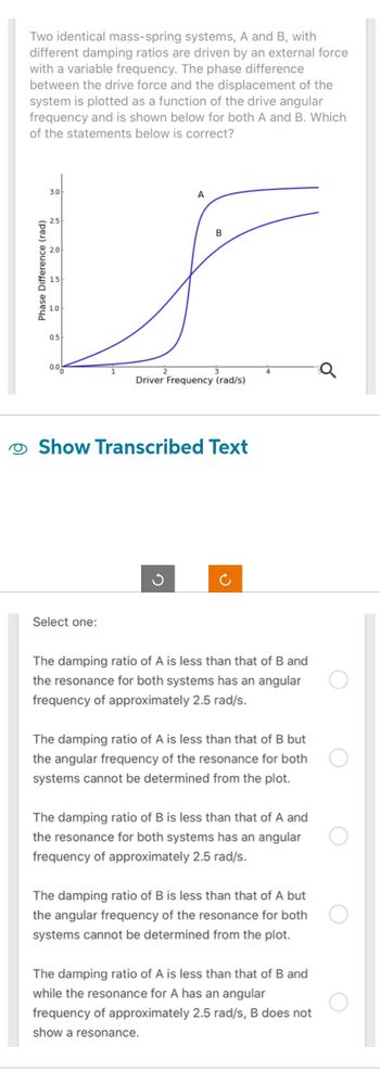 Two identical mass-spring systems, A and B, with
different damping ratios are driven by an external force
with a variable frequency. The phase difference
between the drive force and the displacement of the
system is plotted as a function of the drive angular
frequency and is shown below for both A and B. Which
of the statements below is correct?
3.0
Phase Difference (rad)
1
0.5
A
B
0.0
4
Q
0
Driver Frequency (rad/s)
Show Transcribed Text
D
Select one:
The damping ratio of A is less than that of B and
the resonance for both systems has an angular
frequency of approximately 2.5 rad/s.
The damping ratio of A is less than that of B but
the angular frequency of the resonance for both
systems cannot be determined from the plot.
The damping ratio of B is less than that of A and
the resonance for both systems has an angular
frequency of approximately 2.5 rad/s.
The damping ratio of B is less than that of A but
the angular frequency of the resonance for both
systems cannot be determined from the plot.
The damping ratio of A is less than that of B and
while the resonance for A has an angular
frequency of approximately 2.5 rad/s, B does not
show a resonance.