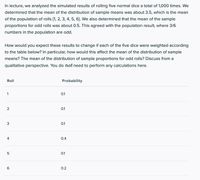 In lecture, we analyzed the simulated results of rolling five normal dice a total of 1,000 times. We
determined that the mean of the distribution of sample means was about 3.5, which is the mean
of the population of rolls {1, 2, 3, 4, 5, 6}. We also determined that the mean of the sample
proportions for odd rolls was about 0.5. This agreed with the population result, where 3/6
numbers in the population are odd.
How would you expect these results to change if each of the five dice were weighted according
to the table below? In particular, how would this affect the mean of the distribution of sample
means? The mean of the distribution of sample proportions for odd rolls? Discuss from a
qualitative perspective. You do not need to perform any calculations here.
Roll
Probability
1
0.1
2
0.1
3
0.1
4
0.4
0.1
6.
0.2
