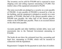 The inventory can be sold for P30,000 and is expected to incur
shipping costs and selling expenses amounting to P1,000. Fair
market value of the equipment amounted to P4,200.
The notes receivable are pledged as a security on a note payable
of P40,000. A note payable of P20,000 is secured by a lien on
the building, and the equipment is pledged as security on a note
payable of P10,000. One-half of the interest payable relates to
P40,000 note payable; the other half of the interest payable
relates to the P20,000 note payable. There is no accrued interest
on the other notes payable.
Accounts payable and other liabilities include debts, taxes and
assessments due to the National Government amounting to
P10,000.
The books do not show the estimated trust fees, accounting and
legal fees, amounting to P5,000, which will be incurred in
connection with the liquidation.
Requirement: Compute for the payment to each class of creditor.
