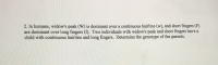 2. In humans, widow's peak (W) is dominant over a continuous hairline (w), and short fingers (F)
are dominant over long fingers (f). Two individuals with widow's peak and short fingers have a
child with continuous hairline and long fingers. Determine the genotype of the parents.
