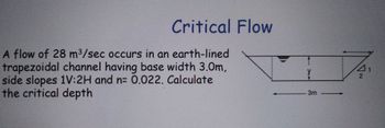 Critical Flow
A flow of 28 m³/sec occurs in an earth-lined
trapezoidal channel having base width 3.0m,
side slopes 1V:2H and n= 0,022. Calculate
the critical depth
Y
IN
2