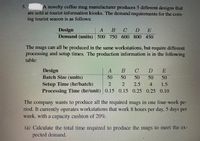 A novelty coffee mug manufacturer produces 5 different designs that
are sold at tourist information kiosks. The demand requirements for the com-
3.
ing tourist season is as follows:
Design
Demand (units) 500 750 600 800 450
A
B
C
DE
The mugs can all be produced in the same workstations, but require different
processing and setup times. The production information is in the following
table:
Design
Batch Size (units)
C
D
50
50
50
50
50
Setup Time (hr/batch)
Processing Time (hr/unit) 0.15 0.15 0.25 0.25 0.10
2.5
4
1.5
The company wants to produce all the required mugs in one four-week pe-
riod. It currently operates workstations that work 8 hours per day, 5 days per
week, with a capacity cushion of 20%.
(a) Calculate the total time required to produce the mugs to meet the ex-
pected demand.
