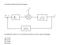 Consider the following block diagram.
R +
+
1
Ke
(s+1)
(3s +1 )
Calculate the value of K. for which the system is in the. verge of instability.
(A) 12.66
(B) 11.66
(C) 10.66
(D) 13.66
+
