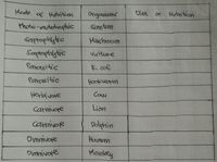 Mode
of Nutrition
Organisms
Diet
Mutrition
thoto-autotiophic
Santan
saprophiytic
Saptophlytic
Mushroom
Vulture
Patasitic
E. coli
Patasitic
HookwOtn
Herbivote
CON
Catnivate
Lion
carmivoR
Dolphin
Omnivore
Human
omnivote
Monkey
