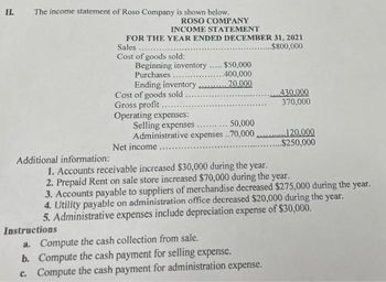 II.
The income statement of Roso Company is shown below.
Additional information:
Instructions
ROSO COMPANY
INCOME STATEMENT
FOR THE YEAR ENDED DECEMBER 31, 2021
Sales....
..$800,000
Cost of goods sold:
*****
Beginning inventory. . $50,000
Purchases
..400,000
Ending inventory.
20.000
Cost of goods sold
Gross profit......
Operating expenses:
Selling expenses....... . 50,000
Administrative expenses ..70,000
Net income..
430.000
370,000
1. Accounts receivable increased $30,000 during the year.
2. Prepaid Rent on sale store increased $70,000 during the year.
3. Accounts payable to suppliers of merchandise decreased $275,000 during the year.
4. Utility payable on administration office decreased $20,000 during the year.
5. Administrative expenses include depreciation expense of $30,000.
a. Compute the cash collection from sale.
b. Compute the cash payment for selling expense.
c. Compute the cash payment for administration expense.
120.000
..$250,000