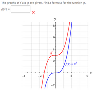 The graphs of f and g are given. Find a formula for the function g.
g(x) =
y
4
2
/fix) = x³
4
-2
2
-2
6.
