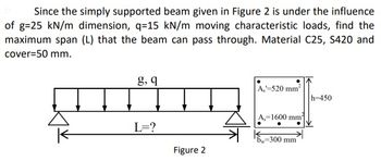 Since the simply supported beam given in Figure 2 is under the influence
of g=25 kN/m dimension, q=15 kN/m moving characteristic loads, find the
maximum span (L) that the beam can pass through. Material C25, S420 and
cover-50 mm.
g, q
L=?
Figure 2
A.-520 mm²
A, 1600 mm
300 mm
h=450