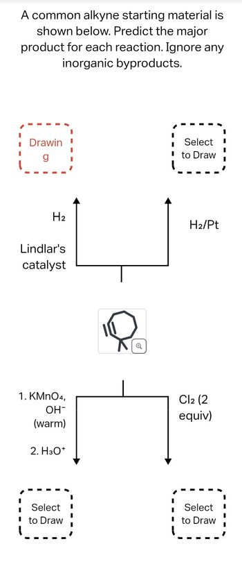 A common alkyne starting material is
shown below. Predict the major
product for each reaction. Ignore any
inorganic byproducts.
■ Drawin
I
g
H₂
Lindlar's
catalyst
1. KMnO4,
OH-
(warm)
2. H3O+
I
1
Select I
I
I
I
■ to Draw
I
Q
Select
I to Draw
H₂/Pt
Cl2 (2
equiv)
Select
I to Draw
1