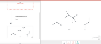 The image depicts a chemical reaction involving the conversion of a bromide compound using a potassium ethoxide (CH₃CH₂OK) and ethanol (CH₃CH₂OH) solution under heat. Here is a detailed breakdown of the reaction:

### Chemical Reaction:

1. **Reaction Conditions and Reagents:**
   - **Reagents:** Potassium ethoxide (CH₃CH₂OK) and ethanol (CH₃CH₂OH)
   - **Conditions:** Heat is applied.

2. **Reactants:**
   - A brominated compound with a structure shown on the right side:
     - It is a secondary alkyl bromide.

3. **Products:**
   - An alkene structure formed by the elimination of HBr.
   - Side products may include the alcohol and/or leftover potassium.

### Diagram Explanation:

- **Left Side Diagram:**
  - **Ethoxide Ion (CH₃CH₂O⁻):** Shown as an ethyl group (two carbon chain) connected to an oxygen with a negative charge, and potassium as a counterion (K⁺).
  - **Starting Bromide Compound:** Displaying a secondary alkyl bromide, with the bromine atom carrying a partial negative charge (δ⁻).

- **Right Side Diagram:**
  - **Formed Alkene:** The double bond is formed as a result of the elimination.
  - **Bromide Ion (Br⁻) and Ethanol:** As side products.

The reaction is an example of an E2 elimination, where the ethoxide ion acts as a strong base, removing a hydrogen atom adjacent to the bromine-bearing carbon, leading to the formation of an alkene and the liberation of a bromide ion.