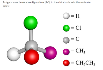 **Assigning Stereochemical Configurations (R/S) to the Chiral Carbon**

In the illustrated molecule, we are tasked with assigning the stereochemical configurations (R/S) to the chiral carbon. Here’s a description of the molecule structure:

- The central **Carbon (C)** atom is shown in grey, representing the chiral center.
- Attached to this chiral carbon are four different groups:
  - **Hydrogen (H)** is represented by a white sphere.
  - **Chlorine (Cl)** is represented by a green sphere.
  - **Methyl group (CH₃)** is represented by a purple sphere.
  - **Ethyl group (CH₂CH₃)** is represented by a red sphere.

**Explanation of Molecular Geometry:**

The molecular structure is in a three-dimensional configuration, where the different colored spheres indicate various atoms or groups attached to the chiral center. By applying the Cahn-Ingold-Prelog priority rules, one can determine whether the configuration around the chiral center is R (rectus, Latin for right) or S (sinister, Latin for left).

These rules rank substituents based on atomic number and allow us to assign priorities that facilitate the determination of stereochemical configuration. Remember to view the molecule such that the group with the lowest priority (usually hydrogen) is directed away from you to apply these rules accurately.