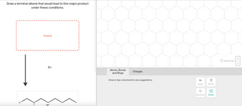 Draw a terminal alkene that would lead to this major product
under these conditions.
Br
Drawing
Br2
Atoms, Bonds
and Rings
Charges
Draw or tap a new bond to see suggestions.
Undo
X
Reset
Remove Done
Drag To Pan
+