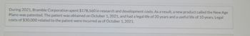 During 2021, Bramble Corporation spent $178,560 in research and development costs. As a result, a new product called the New Age
Piano was patented. The patent was obtained on October 1, 2021, and had a legal life of 20 years and a useful life of 10 years. Legal
costs of $30,000 related to the patent were incurred as of October 1, 2021.