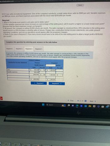 **Educational Content: Break-Even Analysis and Contribution Margin**

**Scenario Overview:**
XYZ Corp. sells recreational equipment, including a small camp stove priced at $140 per unit. The variable expense per stove is $98, and the company faces fixed expenses totaling $205,800 monthly.

**Key Questions:**

1. **Determine the Break-Even Point:**
   - Calculate both in units and dollar sales.

2. **Impact of Variable Expense Changes:**
   - Analyze how increasing variable expenses as a percentage of the selling price affects the break-even point.

3. **Effect of Pricing Strategy:**
   - Explore the potential effect of a 10% price reduction on sales and profits.
   - Prepare contribution format income statements for current and proposed conditions.

4. **Target Profit Analysis:**
   - Calculate the number of stoves needed to reach a $79,000 monthly profit under new pricing.

**Contribution Income Statement Analysis:**

- **Present Conditions:**
  - **Sales**: 10,000 stoves at $140 each, totaling $1,400,000.
  - **Variable Expenses**: Total $980,000.
  - **Contribution Margin**: $420,000.
  
- **Proposed Conditions:**
  - After a 10% price reduction, recalculate the income statement.
  - Present the changes in contribution margin and overall sales.

**Understanding Break-Even Analysis:**

- **Break-Even Point**: Where total sales equal total expenses, resulting in zero profit.
- **Contribution Margin**: Sales price minus variable costs; it helps cover fixed costs.

**Graph/Diagram Explanation:**

The table displays financial data categorized into "Present" and "Proposed" conditions, showcasing sales, expenses, and contribution margins. It illustrates the impact of pricing and cost changes on profitability, aiding in strategic decision-making.

This analysis equips students with foundational knowledge in financial assessment, demonstrating the importance of pricing strategies and cost management in business profitability.