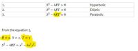 s2 - 4RT > 0
s2 - 4RT < 0
1.
Hyperbolic
2.
Elliptic
3.
s2 - 4RT = 0
Parabolic
From the equation 1,
R = x, S = x, T = y
s? – 4RT = x? - 4x?y.
%3D
