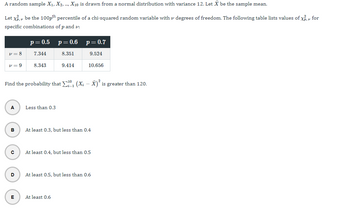 A random sample X₁, X2, ..., X10 is drawn from a normal distribution with variance 12. Let X be the sample mean.
Let x², be the 100pth percentile of a chi-squared random variable with v degrees of freedom. The following table lists values of x², for
specific combinations of p and v:
v = 8
v=9
A
B
с
D
p=0.5
7.344
E
8.343
Find the probability that Σ;", (Xi
-
Less than 0.3
P = 0.6
8.351
9.414
P=0.7
9.524
At least 0.6
10.656
At least 0.3, but less than 0.4
At least 0.4, but less than 0.5
At least 0.5, but less than 0.6
x)² i
is greater than 120.