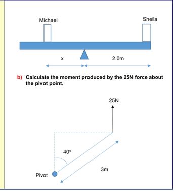 Michael
2.0m
Sheila
b) Calculate the moment produced by the 25N force about
the pivot point.
Pivot
40°
3m
25N