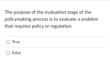 The purpose of the evaluation stage of the
process is to evaluate a problem
policymaking
that requires policy or regulation.
O True
O False