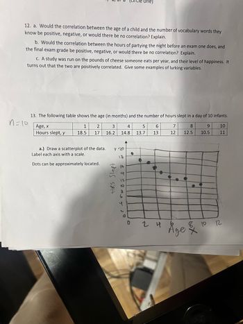 12. a. Would the correlation between the age of a child and the number of vocabulary words they
know be positive, negative, or would there be no correlation? Explain.
b. Would the correlation between the hours of partying the night before an exam one does, and
the final exam grade be positive, negative, or would there be no correlation? Explain.
c. A study was run on the pounds of cheese someone eats per year, and their level of happiness. It
turns out that the two are positively correlated. Give some examples of lurking variables.
n=10
13. The following table shows the age (in months) and the number of hours slept in a day of 10 infants.
Age, x
8
9
10
1 2
18.5 17
Hours slept, y
12.5
10.5 11
3 4 5 6
16.2 14.8 13.7 13
a.) Draw a scatterplot of the data. y 20
Label each axis with a scale.
18
Dots can be approximately located.
HRS Slept
1/6
ه دوره 2 - 2
0
●
24
7
12
Age
xx
10 12