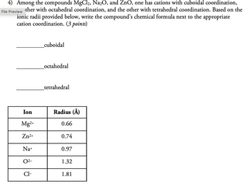 4) Among the compounds MgCl2, Na2O, and ZnO, one has cations with cuboidal coordination,
File Preview ther with octahedral coordination, and the other with tetrahedral coordination. Based on the
ionic radii provided below, write the compound's chemical formula next to the appropriate
cation coordination. (3 points)
_cuboidal
_octahedral
tetrahedral
Ion
Radius (Å)
Mg2+
0.66
Zn2+
0.74
Na+
0.97
02-
1.32
Cl-
1.81