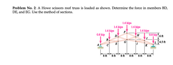 Problem No. 2: A Howe scissors roof truss is loaded as shown. Determine the force in members BD,
DE, and EG. Use the method of sections.
0.8 kip
1.6 kips
1.6 kips
1.6 kips
F
D
1.6 kips
H
0.8 kip
6 ft
0
L4.5 ft
45
K
1.6 kips
B
A
E
C
8 ft
8 ft
8 ft
8 ft 8 ft
8 ft