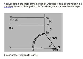 A curved gate in the shape of the circular arc was used to hold oil and water in the
container shown. If it is hinged at point O and the gate is 4 m wide into the paper
oil (0.86)
H₂0
B
Determine the Reaction at Hinge O.
2m
2m
R=6M
30°
O