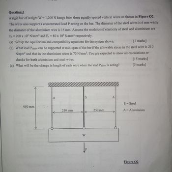 Question 2
A rigid bar of weight W=1,200 N hangs from three equally spaced vertical wires as shown in Figure Q2.
The wires also support a concentrated load P acting on the bar. The diameter of the steel wires is 6 mm while
the diameter of the aluminium wire is 15 mm. Assume the modulus of elasticity of steel and aluminium are
E, 200 x 103 N/mm² and Ea = 80 x 103 N/mm² respectively.
(a) Set up the equilibrium and compatibility equations for the system shown.
[7 marks]
(b) What load Pallow can be supported at mid-span of the bar if the allowable stress in the steel wire is 210
N/mm² and that in the aluminium wires is 70 N/mm². You are expected to show all calculations or
checks for both aluminium and steel wires.
[15 marks]
(c) What will be the change in length of each wire when the load Pallow is acting?
[3 marks]
A
950 mm
S
A
S = Steel
250 mm
250 mm
A Aluminium
→
W
Figure Q2