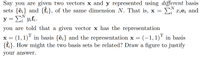 Say you are given two vectors x and y represented using different basis
sets {ê;} and {f;}, of the same dimension N. That is, x =
y = E y;f;.
E xie; and
N
you are told that a given vector x has the representation
x = (1, 1)" in basis {ê;} and the representation x = (-1,1)" in basis
{f}}. How might the two basis sets be related? Draw a figure to justify
X =
your answer.
