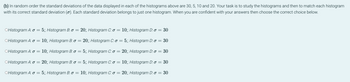 (b) In random order the standard deviations of the data displayed in each of the histograms above are 30, 5, 10 and 20. Your task is to study the histograms and then to match each histogram
with its correct standard deviation (o). Each standard deviation belongs to just one histogram. When you are confident with your answers then choose the correct choice below.
OHistogram A: o 5; Histogram B. o
=
20;; Histogram C. o = 10;; Histogram D:o = 30
OHistogram A: o
=
10;; Histogram B. o = 20;; Histogram C. o = 5;;, Histogram D: σ = 30
OHistogram A: o = 10;; Histogram Bo = 5;; Histogram C. o = 20;; Histogram D. o = 30
OHistogram A: o = 20;; Histogram B. o = 5;; Histogram C. o =
10;; Histogram D:o = 30
OHistogram A: o = 5;; Histogram B:o = 10;; Histogram C. o =
20;; Histogram D: o = 30