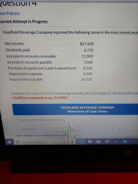 Headland Beverage Company reported the following items in the most recent ye
Net income
$47,600
Dividends paid
6,750
Increase in accounts receivable
11,000
