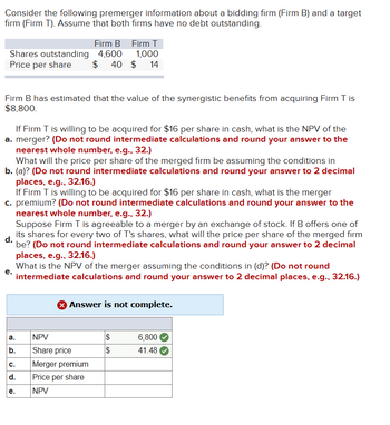 Consider the following premerger information about a bidding firm (Firm B) and a target
firm (Firm T). Assume that both firms have no debt outstanding.
Firm B Firm T
Shares outstanding 4,600 1,000
Price per share $ 40 $ 14
Firm B has estimated that the value of the synergistic benefits from acquiring Firm T is
$8,800.
If Firm T is willing to be acquired for $16 per share in cash, what is the NPV of the
a. merger? (Do not round intermediate calculations and round your answer to the
nearest whole number, e.g., 32.)
What will the price per share of the merged firm be assuming the conditions in
b. (a)? (Do not round intermediate calculations and round your answer to 2 decimal
places, e.g., 32.16.)
If Firm T is willing to be acquired for $16 per share in cash, what is the merger
c. premium? (Do not round intermediate calculations and round your answer to the
nearest whole number, e.g., 32.)
d.
Suppose Firm T is agreeable to a merger by an exchange of stock. If B offers one of
its shares for every two of T's shares, what will the price per share of the merged firm
be? (Do not round intermediate calculations and round your answer to 2 decimal
places, e.g., 32.16.)
What is the NPV of the merger assuming the conditions in (d)? (Do not round
intermediate calculations and round your answer to 2 decimal places, e.g., 32.16.)
a.
b.
C.
d.
e.
Answer is not complete.
NPV
Share price
Merger premium
Price per share
NPV
$
$
6,800
41.48