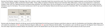 Romans Food Market, located in Saratoga, New York, carries a variety of specialty foods from around the world. Two of the store's leading products use the Romans Food Market
name: Romans Regular Coffee and Romans DeCaf Coffee. These coffees are blends of Brazilian Natural and Colombian Mild coffee beans, which are purchased from a distributor
located in New York City. Because Romans purchases large quantities, the coffee beans may be purchased on an as-needed basis for a price 10% higher than the market price the
distributor pays for the beans. The current market price is $0.47 per pound for Brazilian Natural and $0.62 per pound for Colombian Mild. The compositions of each coffee blend are
as follows.
Bean
Brazilian Natural
Colombian Mild
Blend
Regular DeCaf
75%
25%
40%
60%
Romans sells the Regular blend for $3.60 per pound and the DeCaf blend for $4.40 per pound. Romans would like to place an order for the Brazilian and Colombian coffee beans that
will enable the production of 800 pounds of Romans Regular coffee and 300 pounds of Romans DeCaf coffee. The production cost is $0.80 per pound for the Regular blend. Because of
the extra steps required to produce DeCaf, the production cost for the DeCaf blend is $1.05 per pound. Packaging costs for both products are $0.25 per pound.