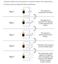A capacitor with plate area A and separation d is connected to a battery with a voltage of AVpatt-
The capacitor and circuit undergo the following modifications:
Step 1
The capacitor is
connected to the battery.
The plate area is
increased. The capacitor
is still connected to the
Step 2
battery.
The capacitor is
disconnected from the
Step 3
battery.
Step 4
The plates of the capacitor
are moved further apart.
The square plates of the
capacitor are replaced
with circular plates with
equal area. The distance
between the plates
remains constant.
Step 5
