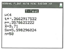 NORHAL FLOAT AUTO REAL RADIAN HP
T-Test
UC4
t=-.3662917532
p=. 3578621222
X=3.71
Sx=5.598296024
n=50
