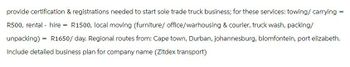 provide certification & registrations needed to start sole trade truck business; for these services: towing/ carrying =
R500, rental-hire = R1500, local moving (furniture/office/warhousing & courier, truck wash, packing/
unpacking) = R1650/day. Regional routes from: Cape town, Durban, johannesburg, blomfontein, port elizabeth.
Include detailed business plan for company name (Zltdex transport)