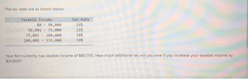 The tax rates are as shown below:
Taxable Income
$0 - 50,000
50,001 - 75,000
75,001 100,000
100,001 - 335,000
Tax Rate
15%
25%
34%
39%
Your firm currently has taxable income of $80,700. How much additional tax will you owe if you increase your taxable income by
$21,900?