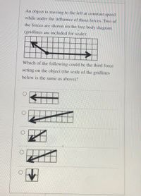 An object is moving to the left at constant speed
while under the influence of three forces. Two of
the forces are shown on the free body diagram
(gridlines are included for scale):
Which of the following could be the third force
acting on the object (the scale of the gridlines
below is the same as above)?
