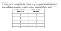 PROBLEM 3: The researcher conducted an experiment to determine whether temperature affects the test performance
of college students. He matched the participants according to the GPA prior random assignment to the experimental
and control group. One group took a 50-item test in a warm room while the other group took the same test in a cold
room. He wanted to test the hypothesis at 0.05 level of significance. The following results were gathered:
SCORES OF THOSE IN THE
SCORES OF THOSE IN THE
WARM ROOM
COLD ROOM
50
22
23
20
22
23
13
22
14
20
15
19
16
20
17
21
45
22
25
21
