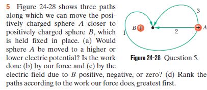 5 Figure 24-28 shows three paths
along which we can move the posi-
tively charged sphere A closer to
positively charged sphere B, which
is held fixed in place. (a) Would
sphere A be moved to a higher or
lower electric potential? Is the work
done (b) by our force and (c) by the
electric field due to B positive, negative, or zero? (d) Rank the
paths according to the work our force does, greatest first.
ве
Figure 24-28 Question 5.
