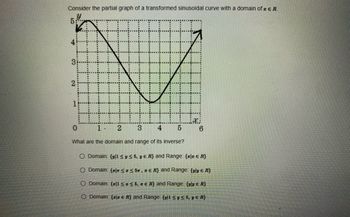 Consider the partial graph of a transformed sinusoidal curve with a domain of ze R.
5:
0
1.
2
3
4
5
6
What are the domain and range of its inverse?
O Domain: {y|1 ≤ y ≤ 5, y E R} and Range: {
ER}
O Domain: { ≤ ≤ 5T,
ER) and Range: {yly € R}
O Domain: {|1 ≤ ≤5,
E R) and Range: {yly € R}
O Domain: {ala e R) and Range: {yl1 ≤ y ≤ 5, ye R}
co
2
H