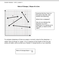 Student Handout - Unit 3, Lesson 4
Rate of Change / Slope of a Line
IN.
Examine the four lines on
the grid to the left, and
answer the following:
D
Which line is steepest?
How do we indicate the
direction of a line?
(Meaning if it is going up to
the right, or down to the
right)
A
To compare steepness of lines we assign a numeric value to the steepness =
called 'rate of change' or 'slope'. It is a measure of the height of the line per
unit(s) of width, and is written as a fraction in lowest terms, or as a decimal.
Rate of change/slope = rise
run
